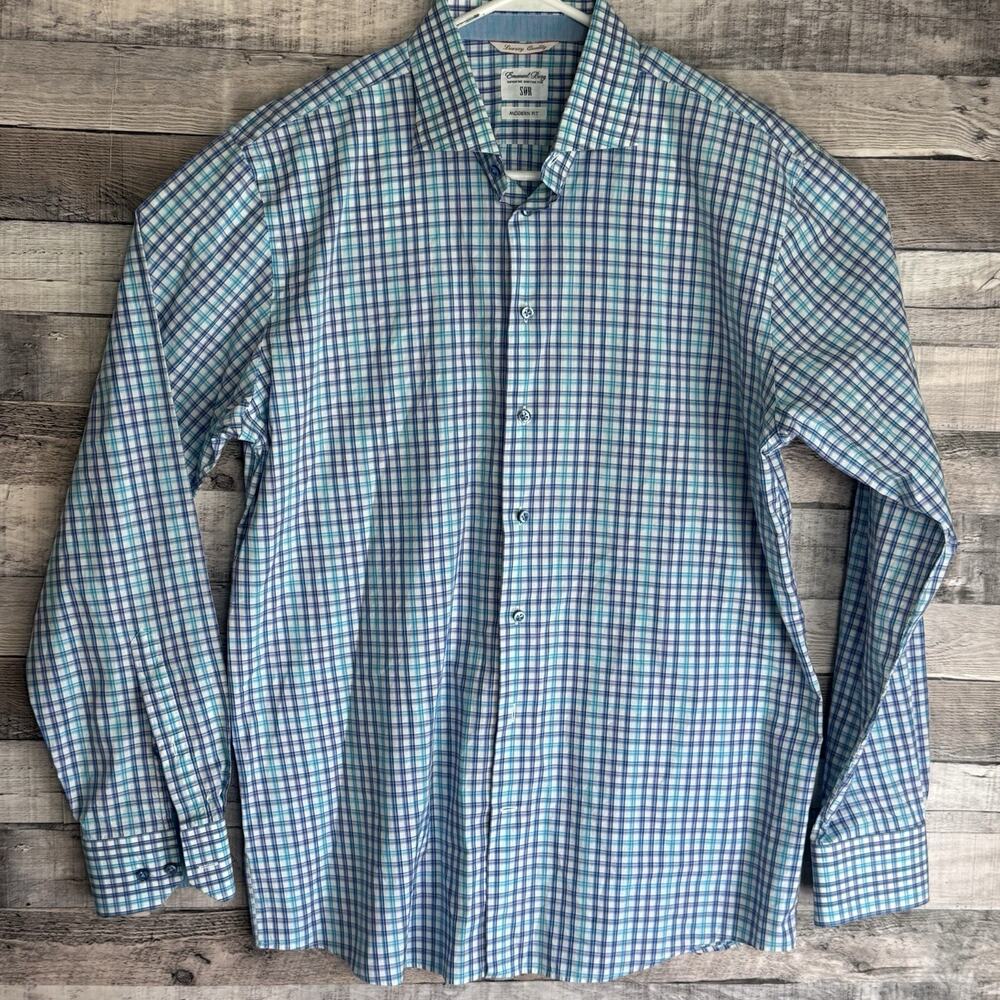 Emanuel Berg SOR Modern Fit Shirt Mens XL Blue Pliad Button Up Long Sleeve Italy